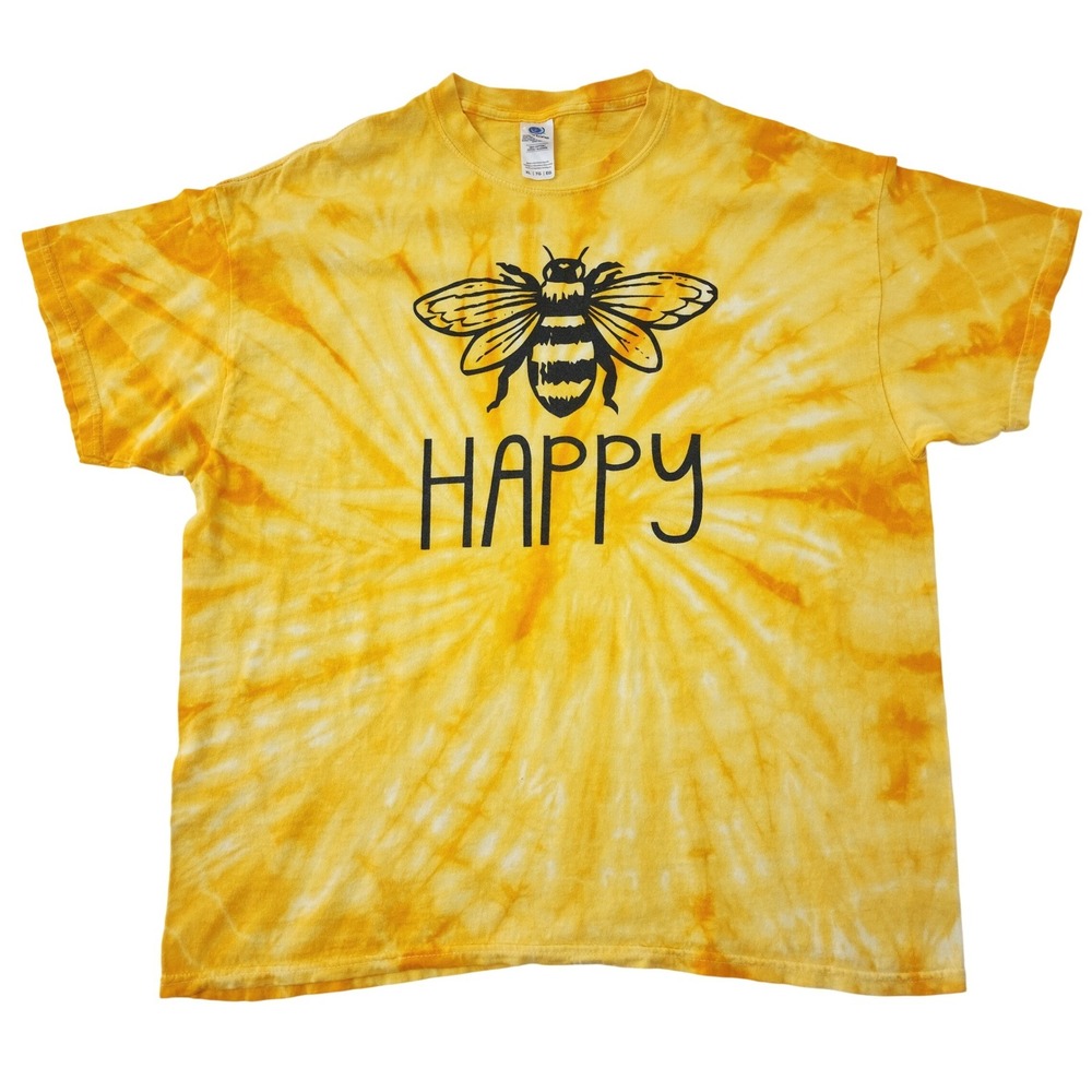 Colortone Bee Happy Yellow Tie Dye Graphic T-Shirt Men's XL Cotton Short Sleeve